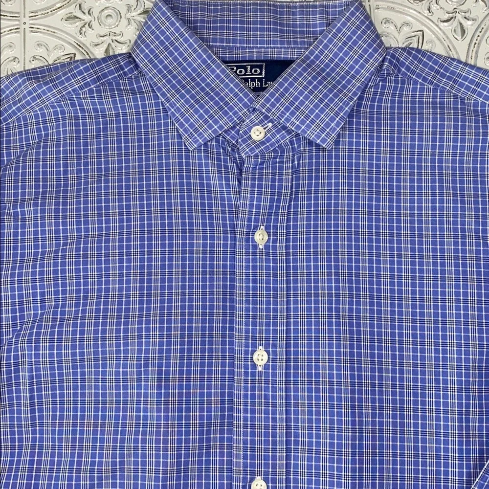 𝅺Polo By Ralph Lauren Classic Fit Blue/White Plaid Button Down Shirt Mens Large